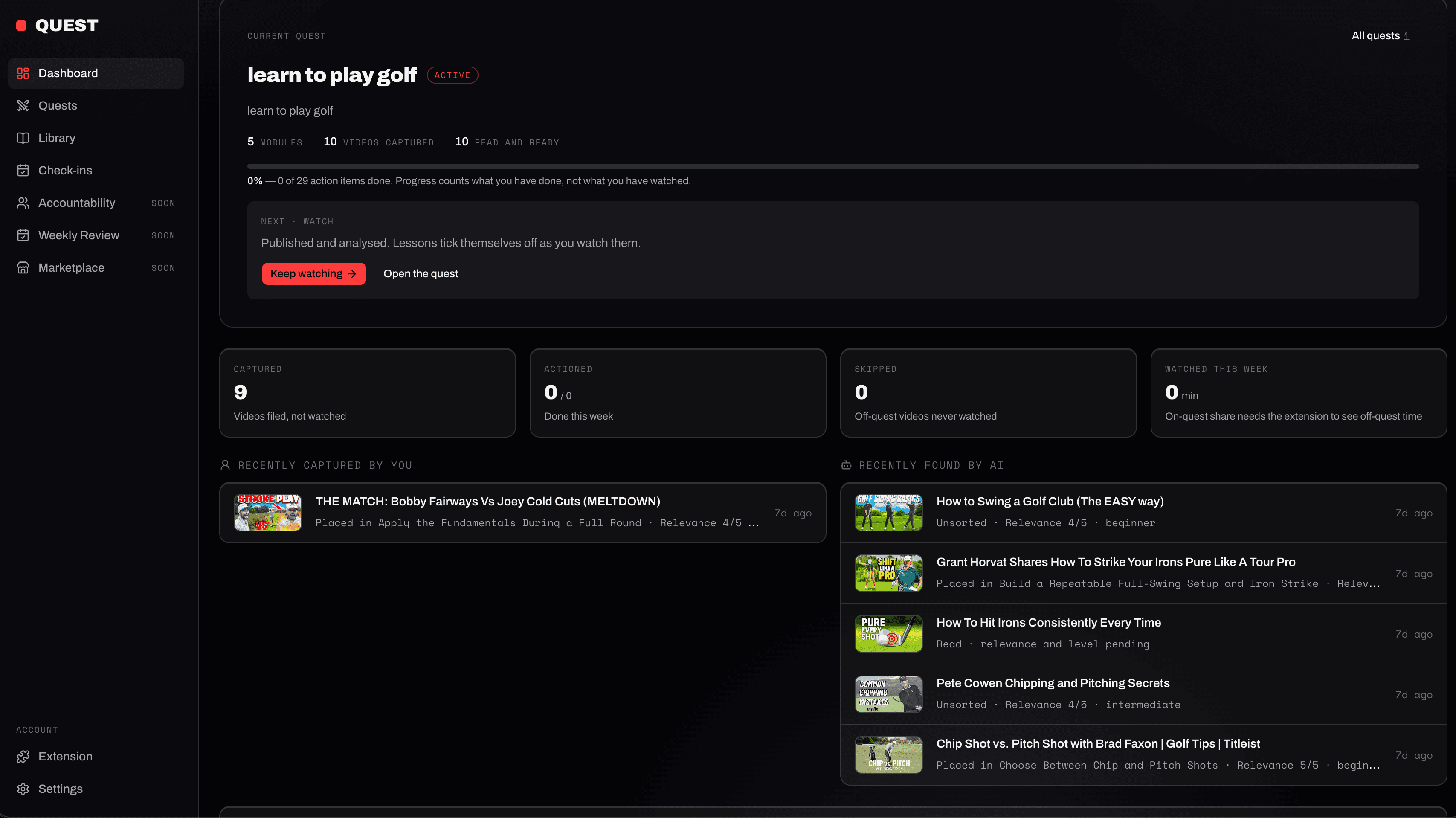 TubeQuest dashboard showing a golf learning Quest with five modules, captured videos, action progress, and videos found by AI