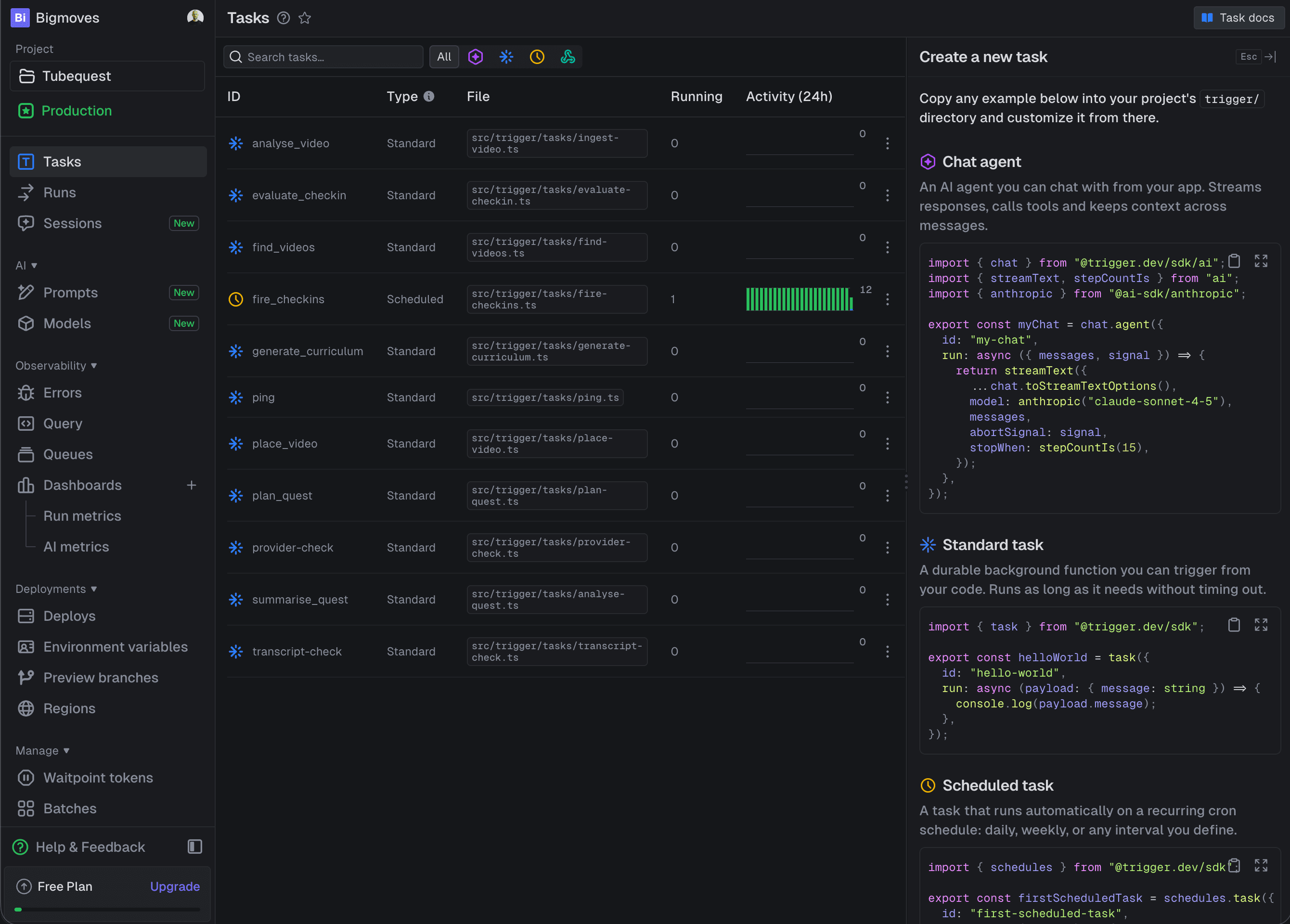 Background task dashboard showing workflow steps: ingest video, evaluate check-in, find videos, generate curriculum, and more